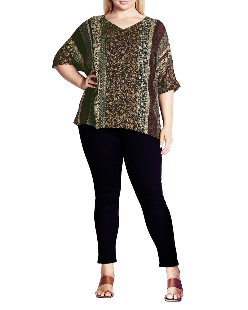 Front of a model wearing a size 18 Harley Top in Paisley Mix Stripe by Arna York. | dia_product_style_image_id:300437
